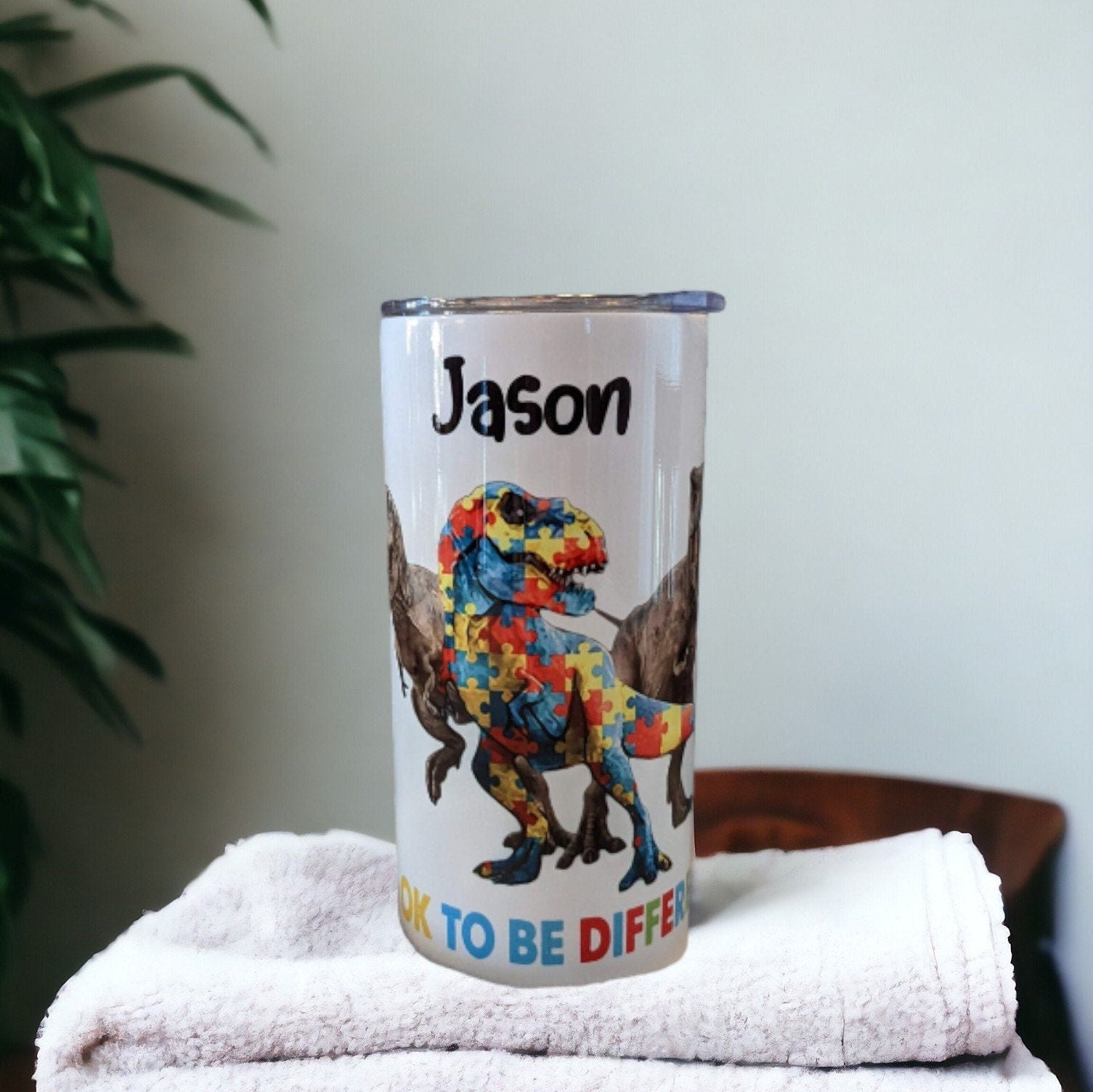 It's Okay To Be Different Kids Autism Dinosaur Tumbler 15oz With Reusable Straw, Can Be Personalized