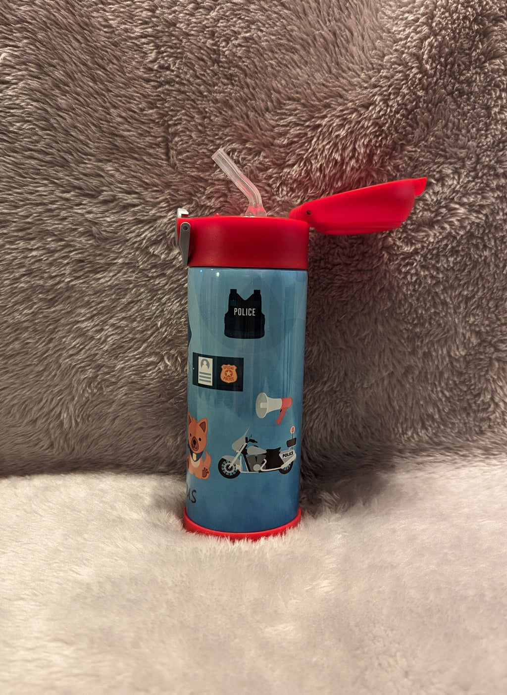 Kids Boy Cop Water Bottle 12oz With Reusable Straw Can Be Personalized