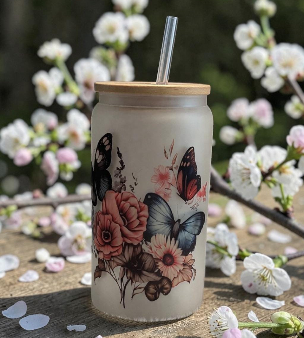 16oz Frosted Butterfly Glass With A Bamboo Lid and Reusable Straw