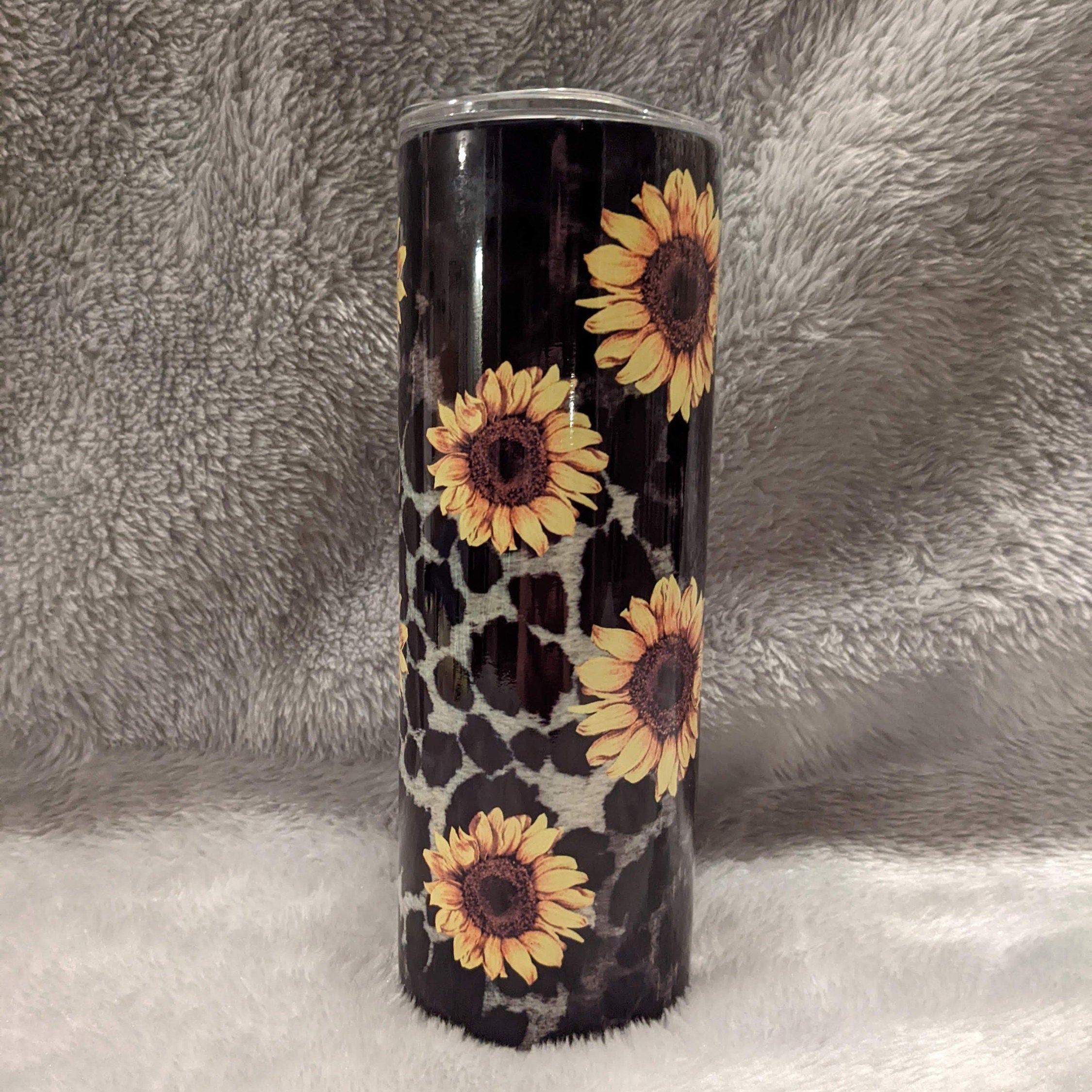 Sunflower Tumbler With A Leopard Print 20oz With Reusable Straw, Can Be Personalized