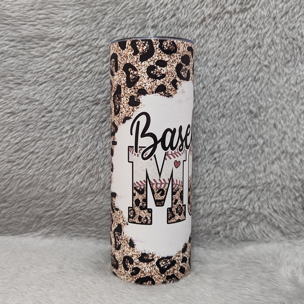 Baseball Mom Tumbler with Leopard Print and A Glitter  Design 20oz With Reusable Straw