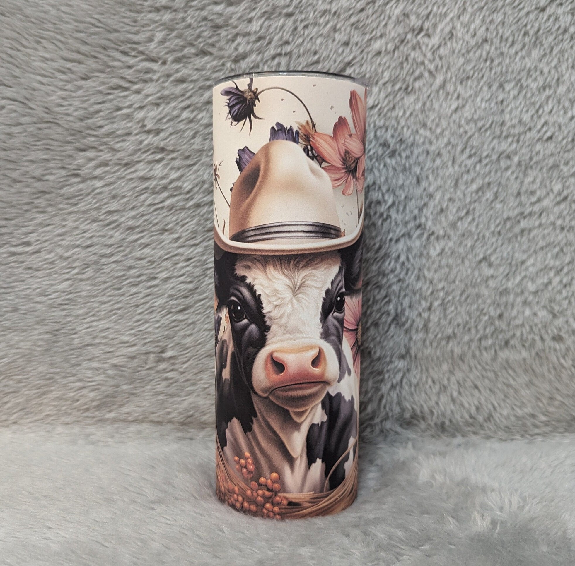 Cow Tumbler with A Cute Cow Wearing A Hat 20oz With Reusable Straw, Can Be Personalized