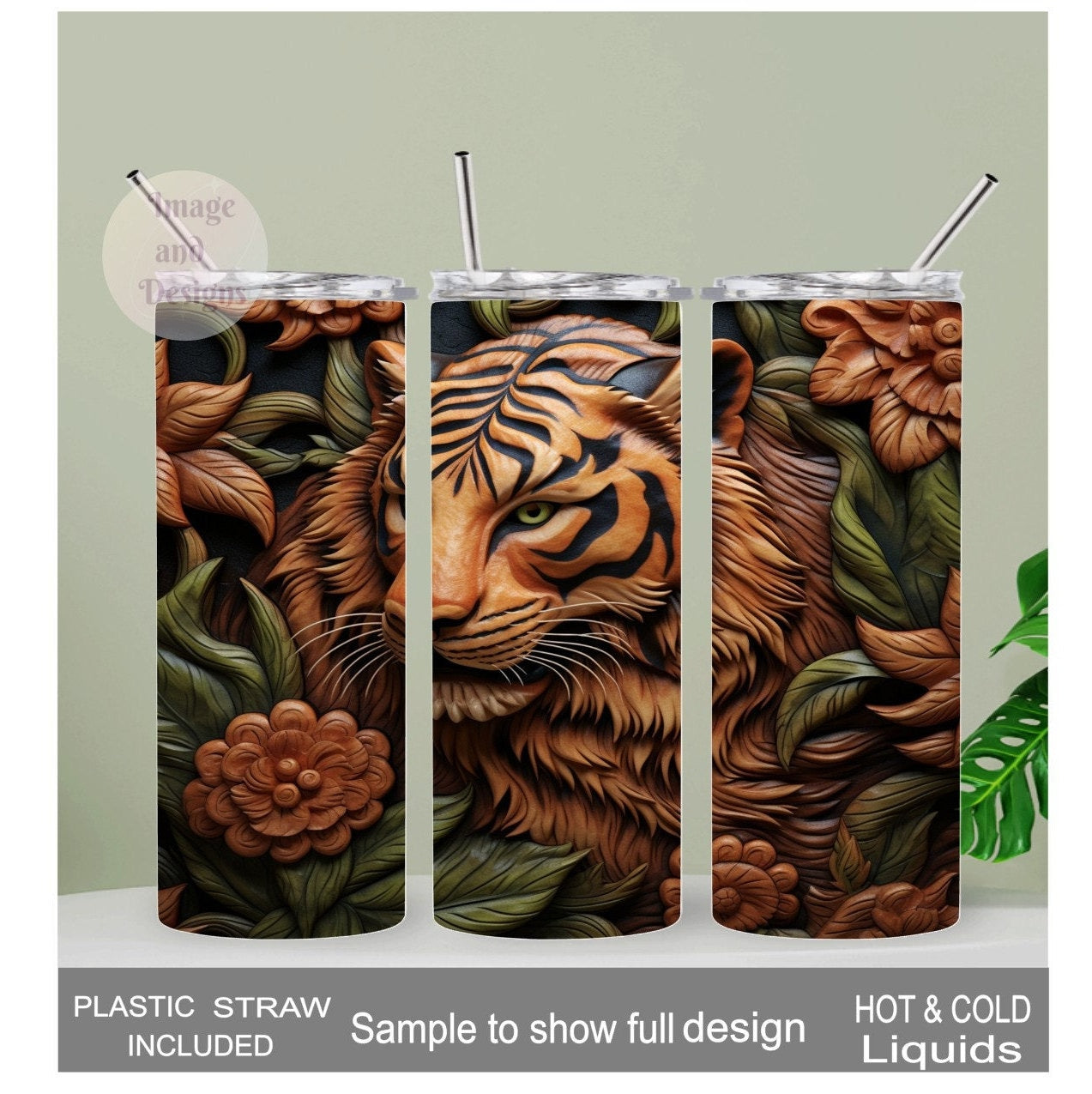 Tiger Tumbler With A Wood Carved Design  20oz With Reusable Straw, Can Be Personalized