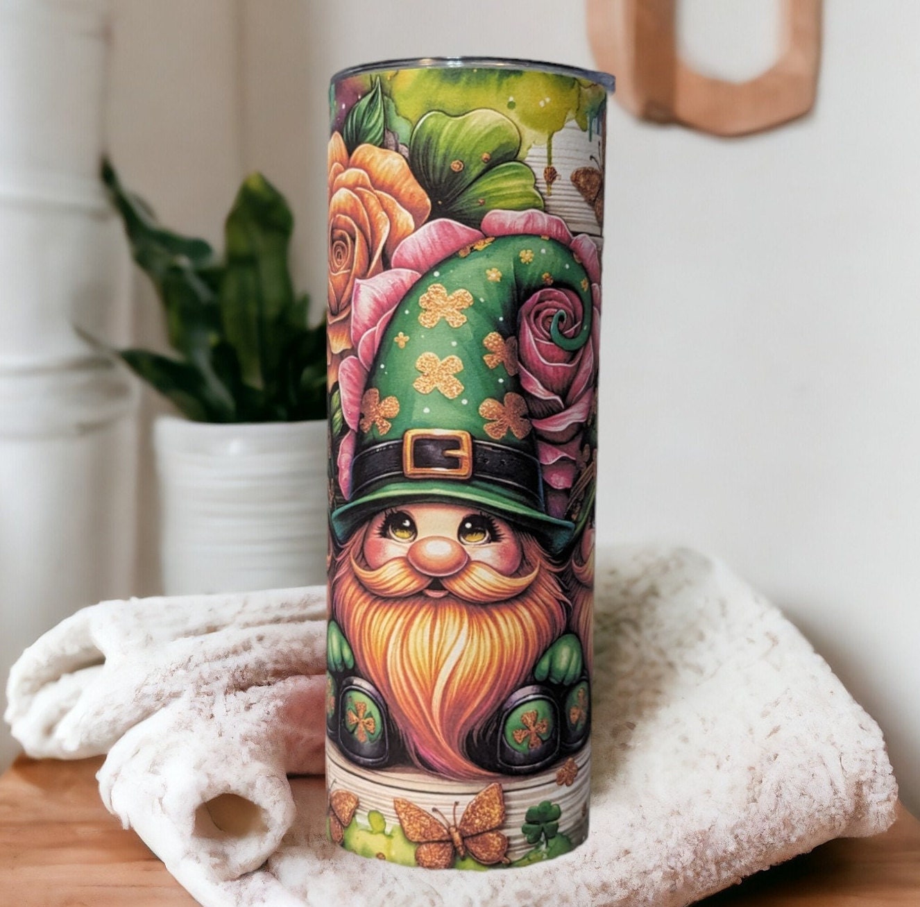 Lucky Irish Gnome Tumbler 20oz With Reusable Straw, Can Be Personalized