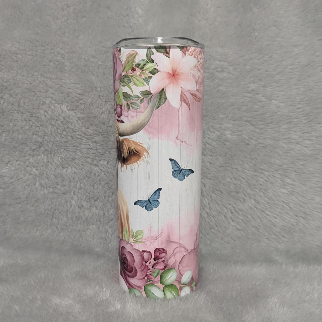 Floral Highland Cow Tumbler 20oz With Reusable Straw, Can Be Personalized