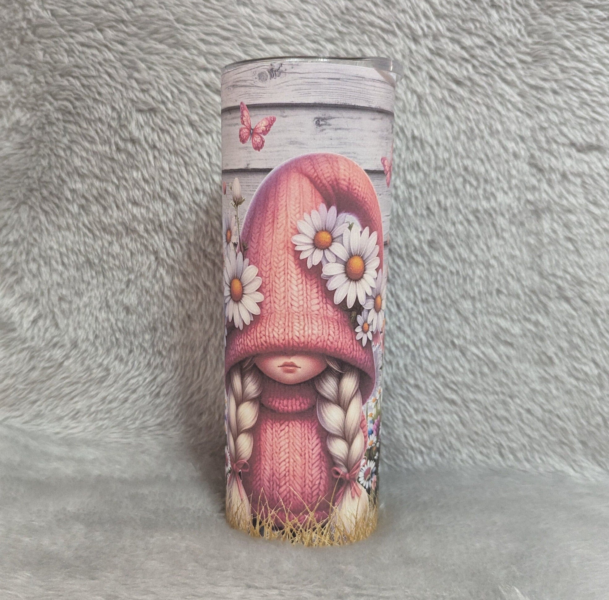 Cute Girl Tumbler With A Girl Wearing Pink With White Daisy Flowers 20oz With Reusable Straw, Can Be Personalized