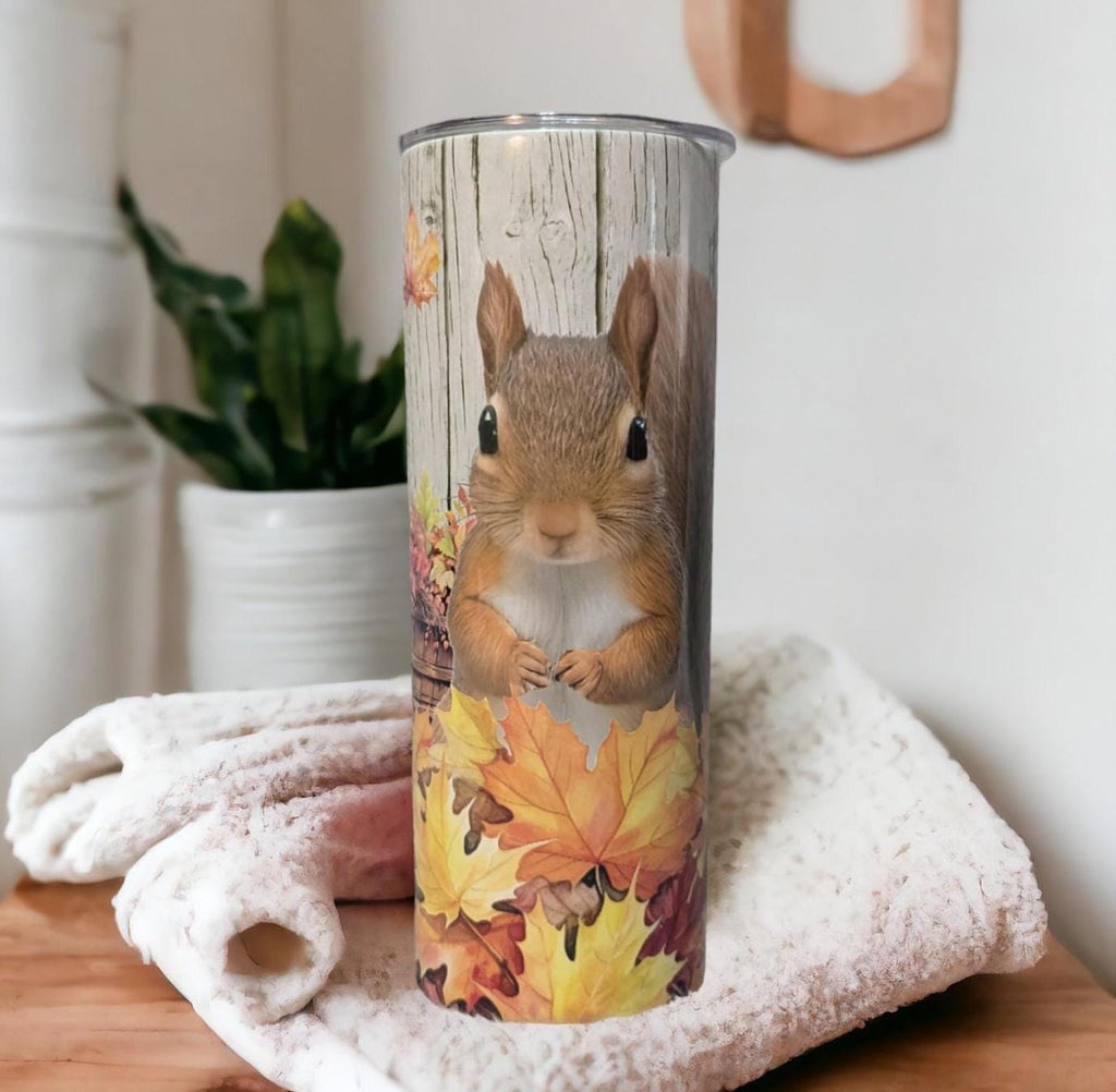 Squirrel Tumbler with Autumn Leaves 20oz With Reusable Straw, Can Be Personalized
