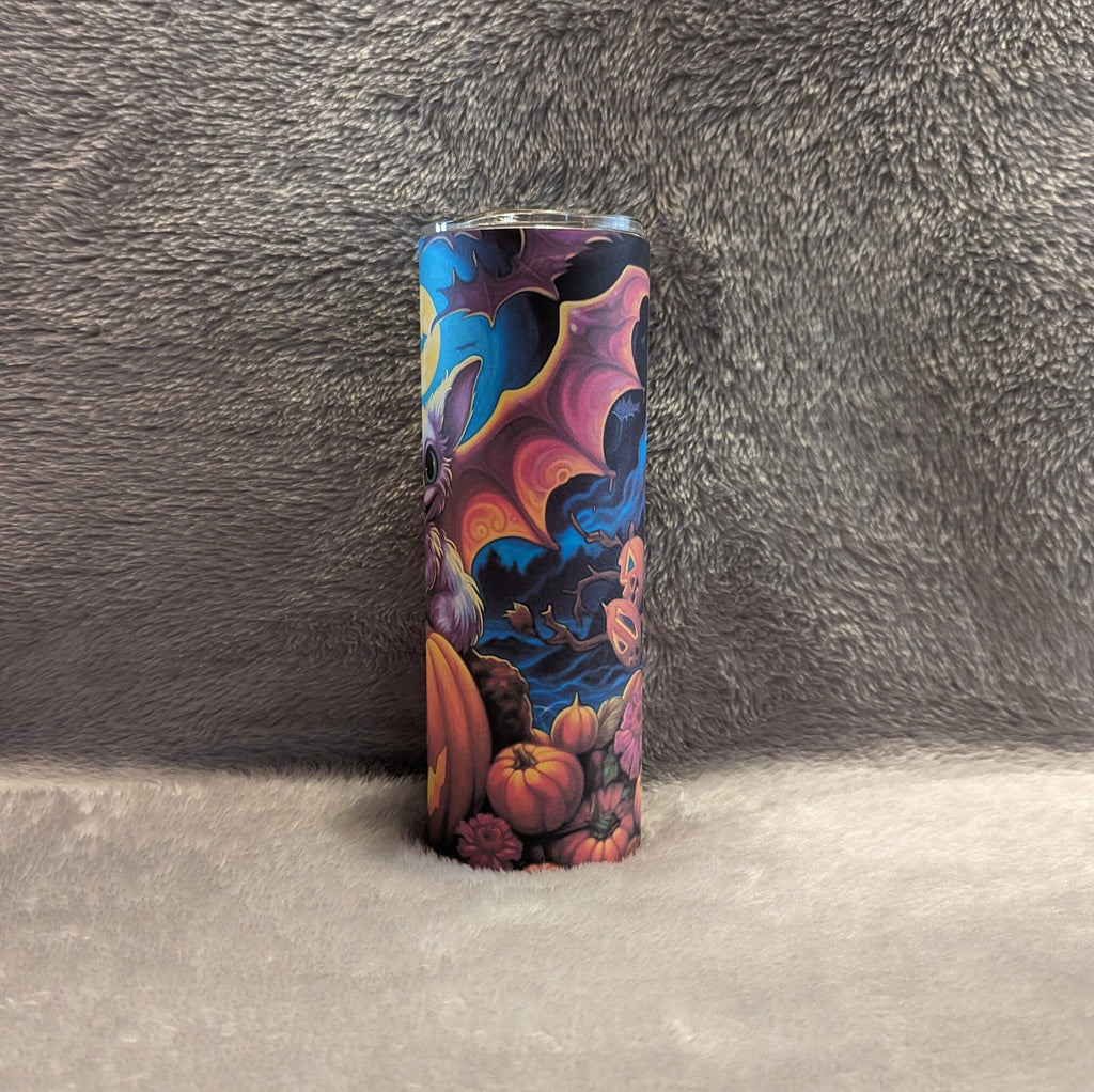 Cute Halloween Bat Tumbler with Pumpkins and A Bat 20oz With Reusable Straw, Can Be Personalized