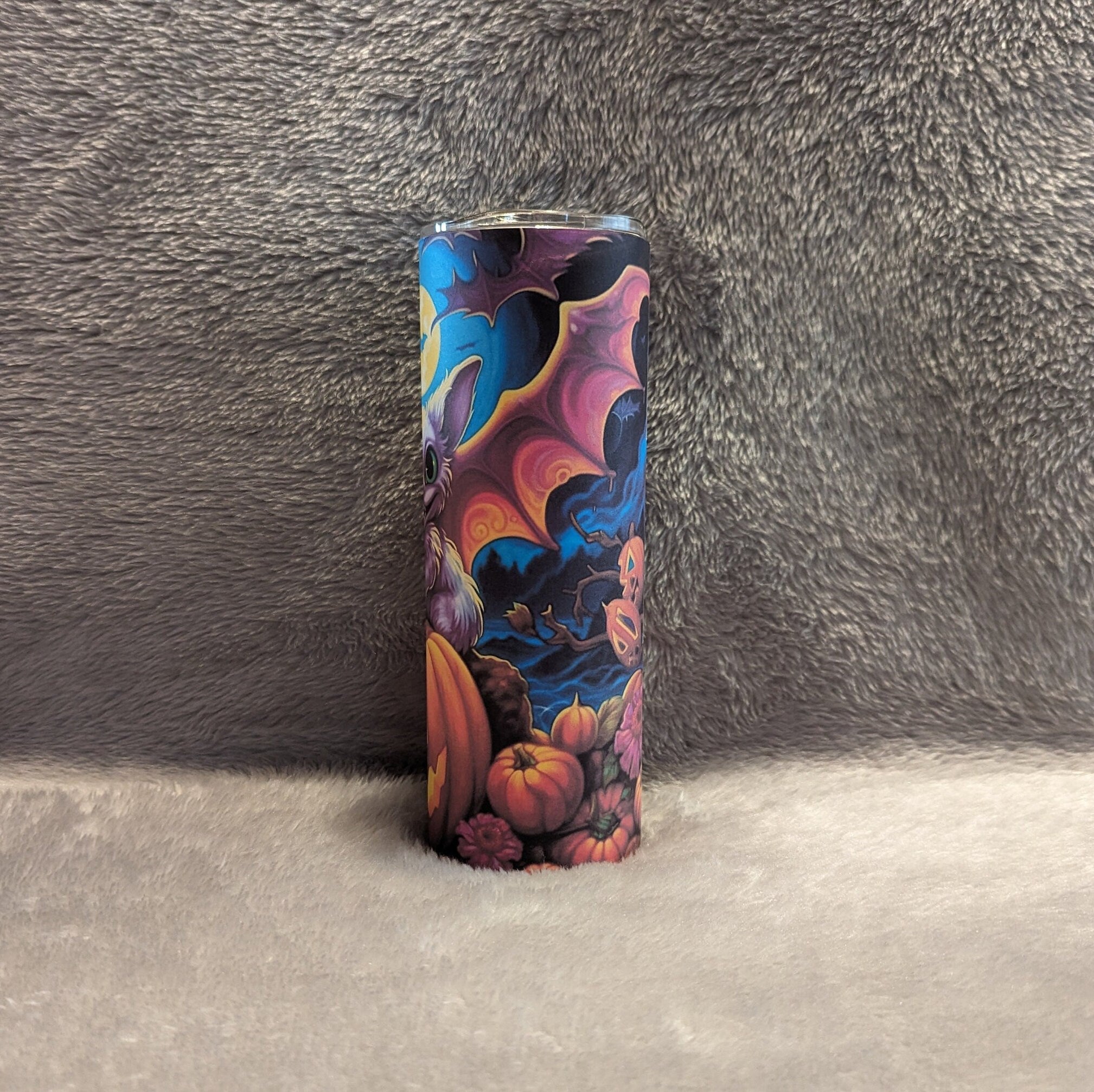 Cute Halloween Bat Tumbler with Pumpkins and A Bat 20oz With Reusable Straw, Can Be Personalized