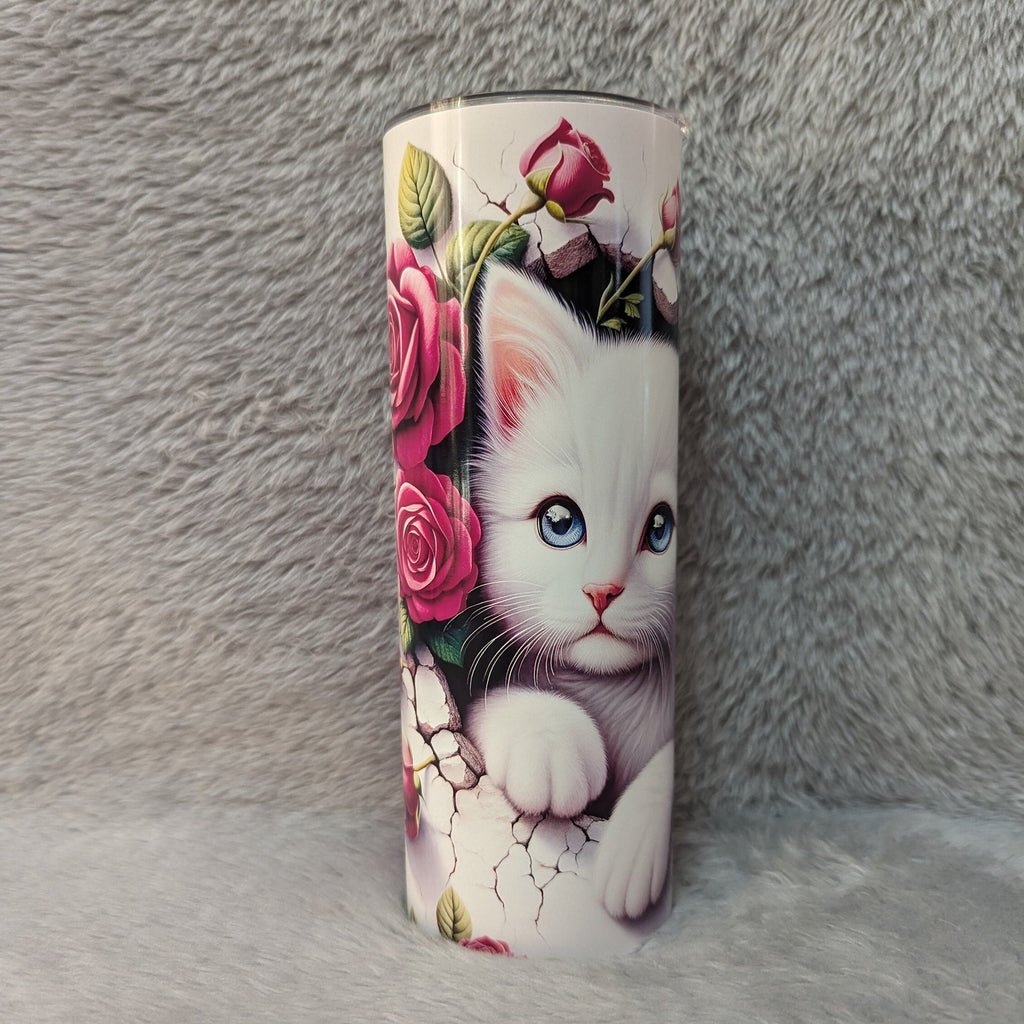White Kitten Tumbler with Red Roses  20oz With Reusable Straw, Can Be Personalized
