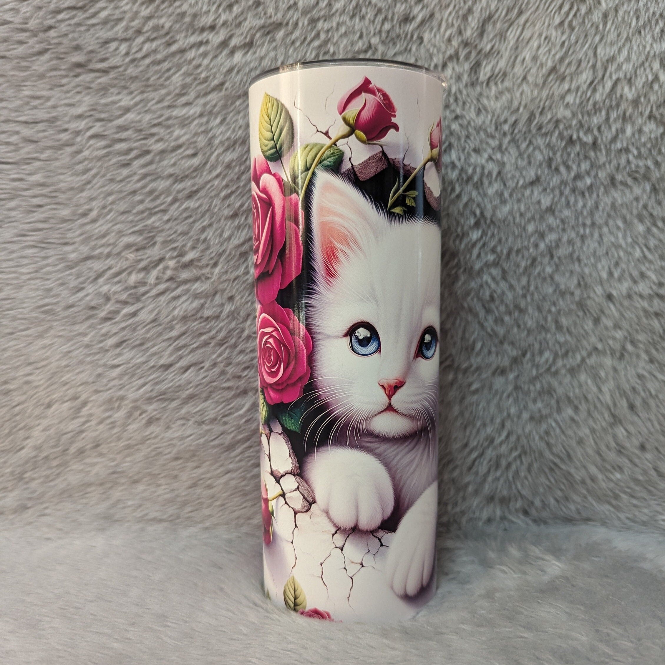 White Kitten Tumbler with Red Roses  20oz With Reusable Straw, Can Be Personalized