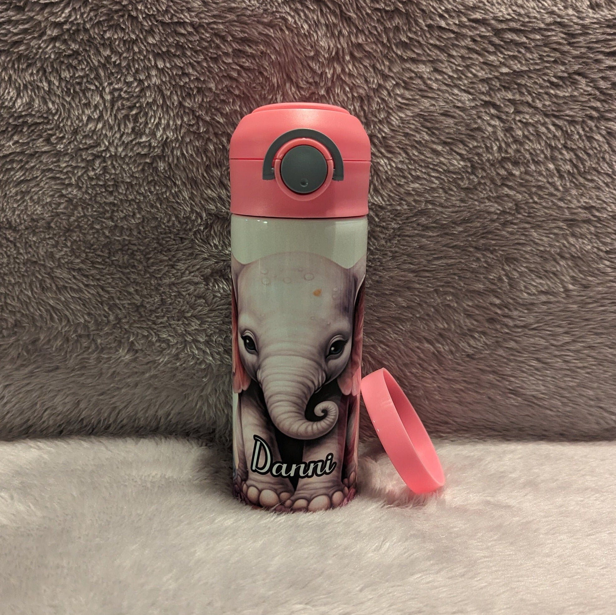 Kids Elephant Water Bottle 12oz With Reusable Straw Can Be Personalized