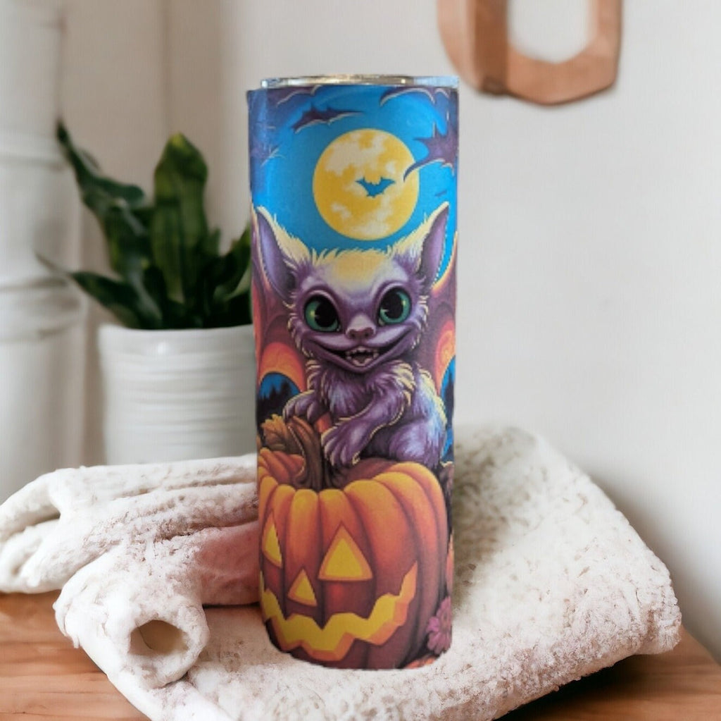 Cute Halloween Bat Tumbler with Pumpkins and A Bat 20oz With Reusable Straw, Can Be Personalized