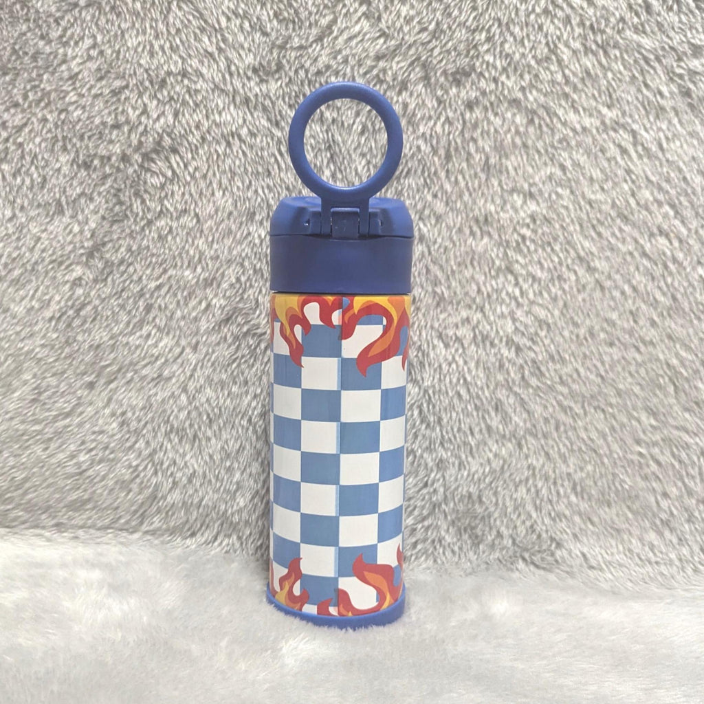 Kids Checkered Flames Water Bottle 12oz With Reusable Straw, Can Be Personalized