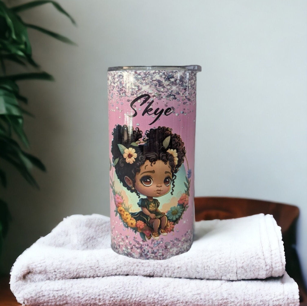 Little Girl With Pretty Flowers and A Glitter Design Tumbler 15oz With Reusable Straw, Can Be Personalized