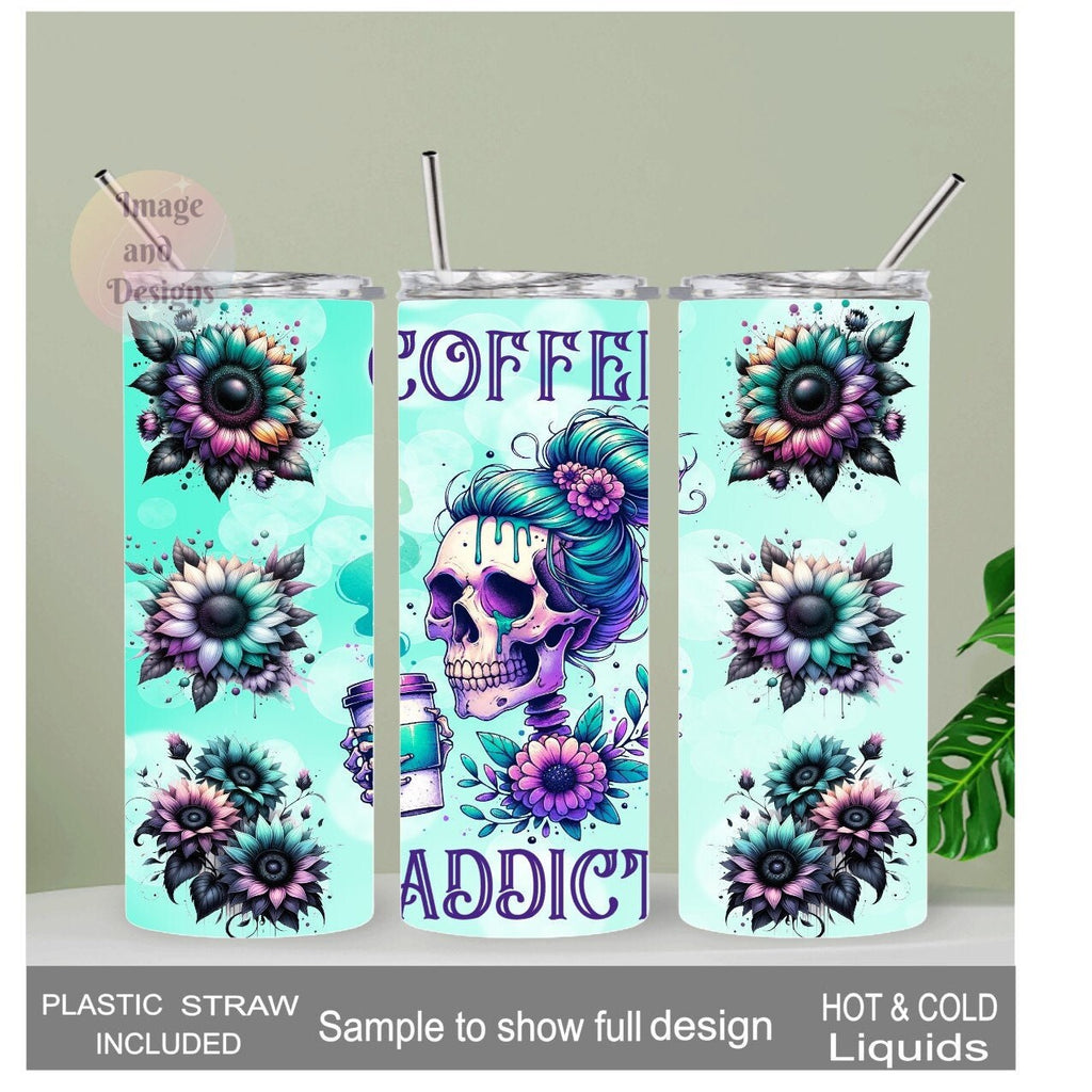 Coffee Addict Skeleton Girl Tumbler 20oz With Reusable Straw, Can Be Personalized