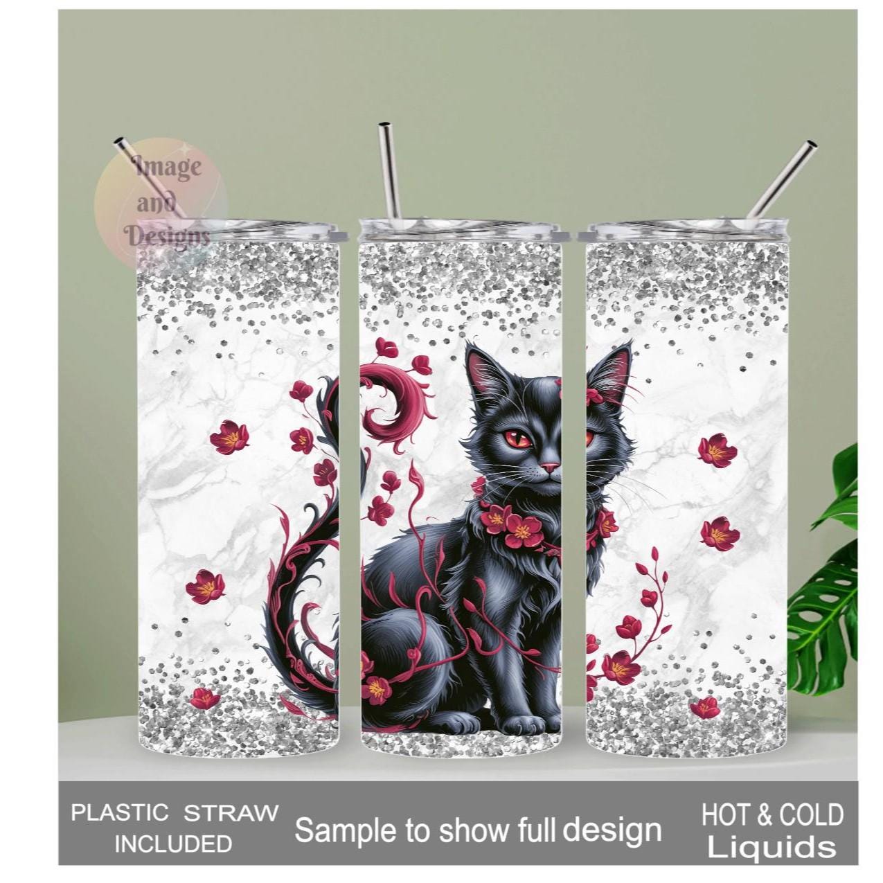 Black Cat Tumbler With A Glitter Design 20oz With Reusable Straw, Can Be Personalized