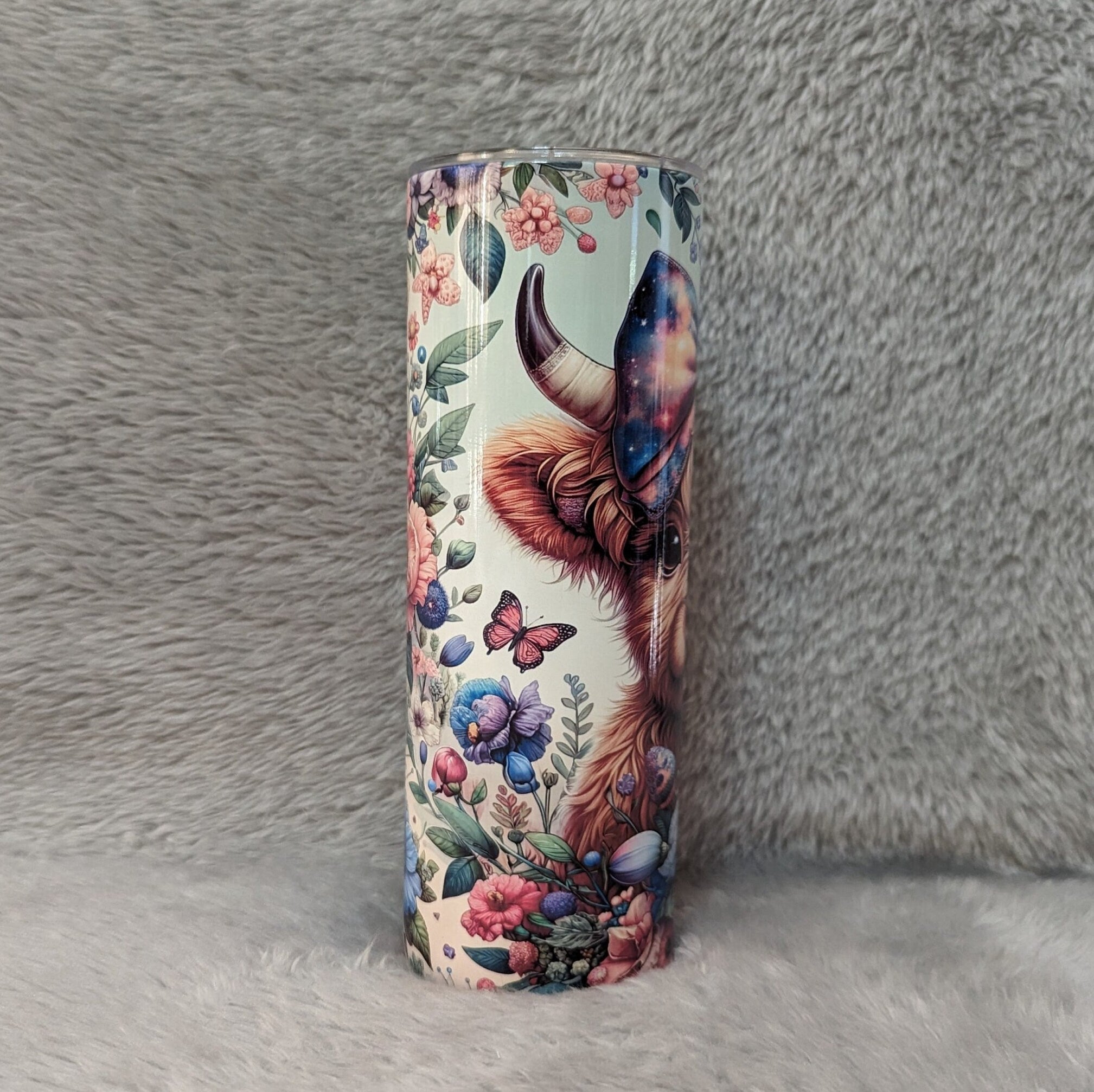 Highland Cow Tumbler With A Calf and Colorful Flowers 20oz With Reusable Straw, Can Be Personalized