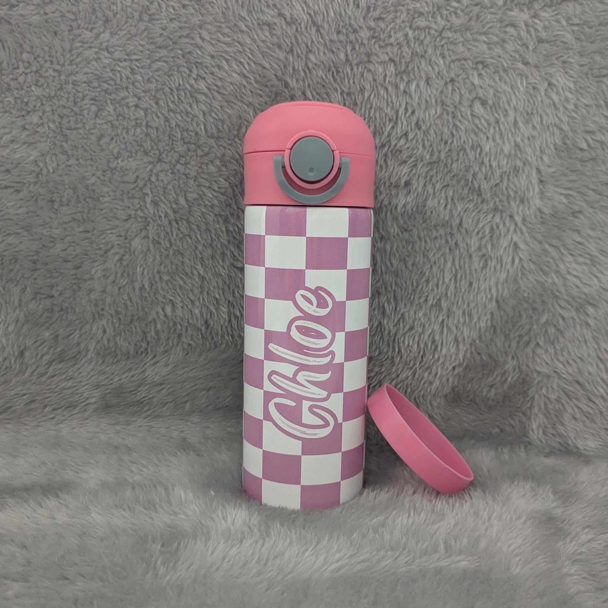 Kids Checkered Water Bottle 12oz With Reusable Straw Can Be Personalized