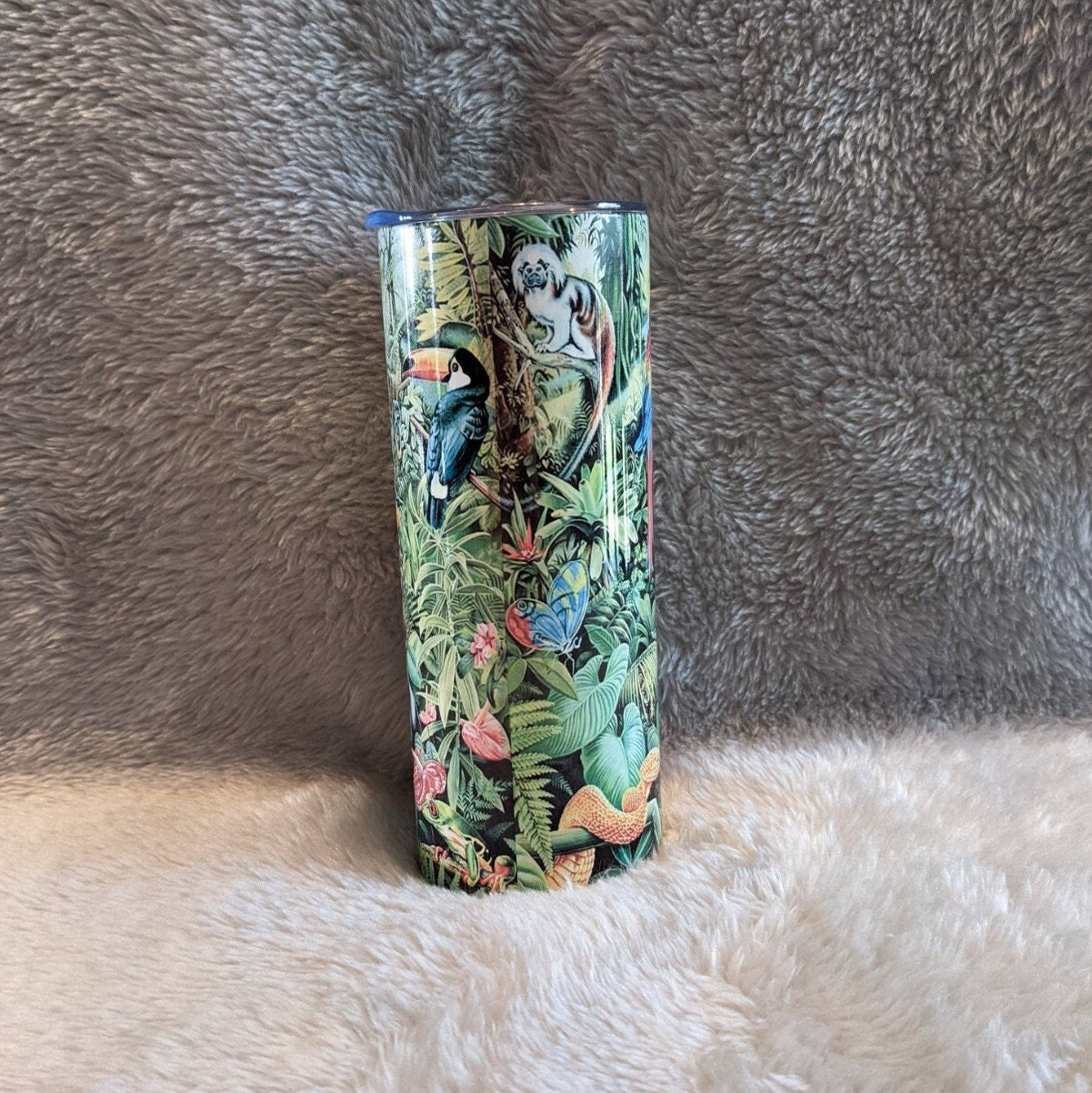 Elephant Tumbler With A Jungle Scene 20oz With Reusable Straw, Can Be Personalized