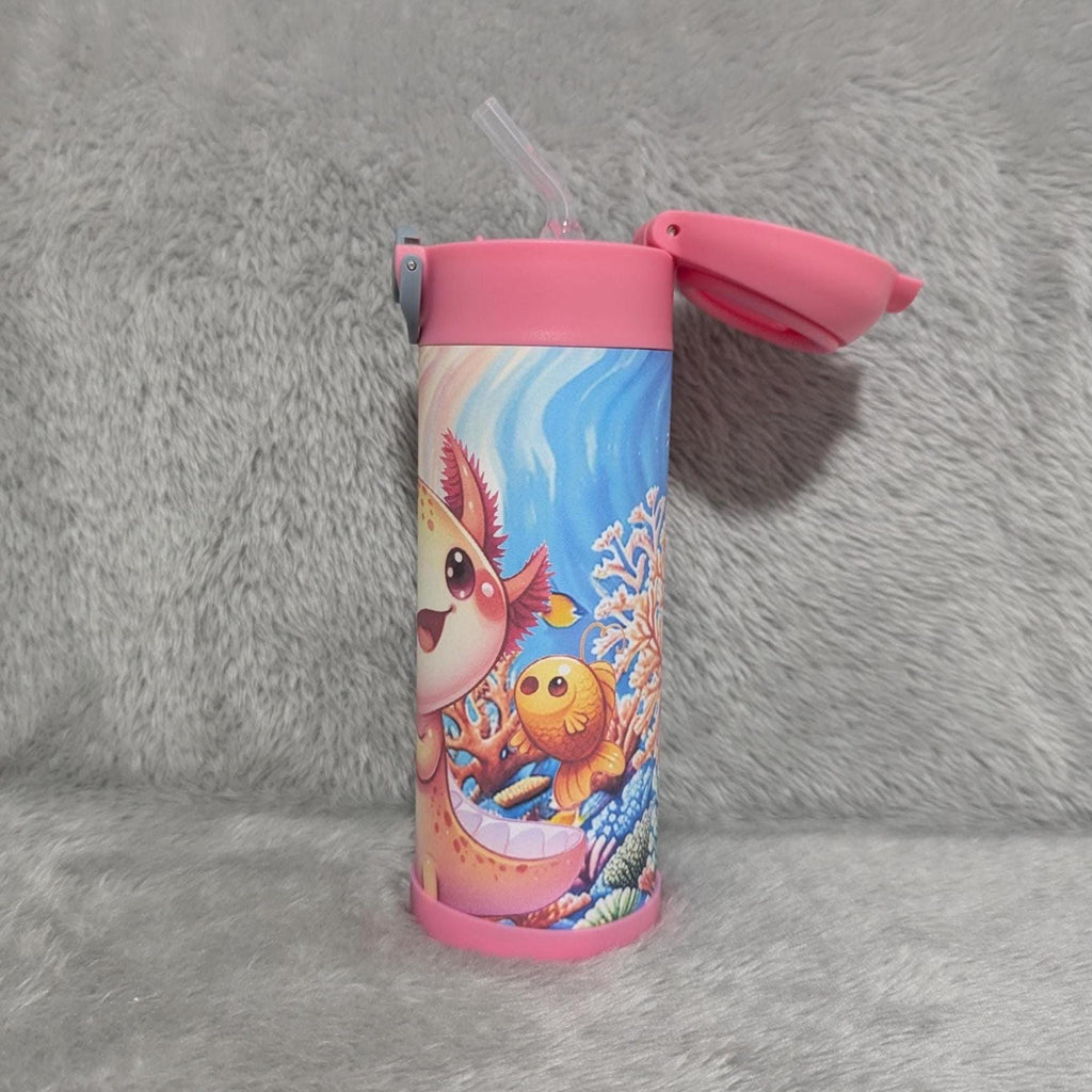 Kids Axolotl Water Bottle 12oz With Reusable Straw Can Also Be Personalized