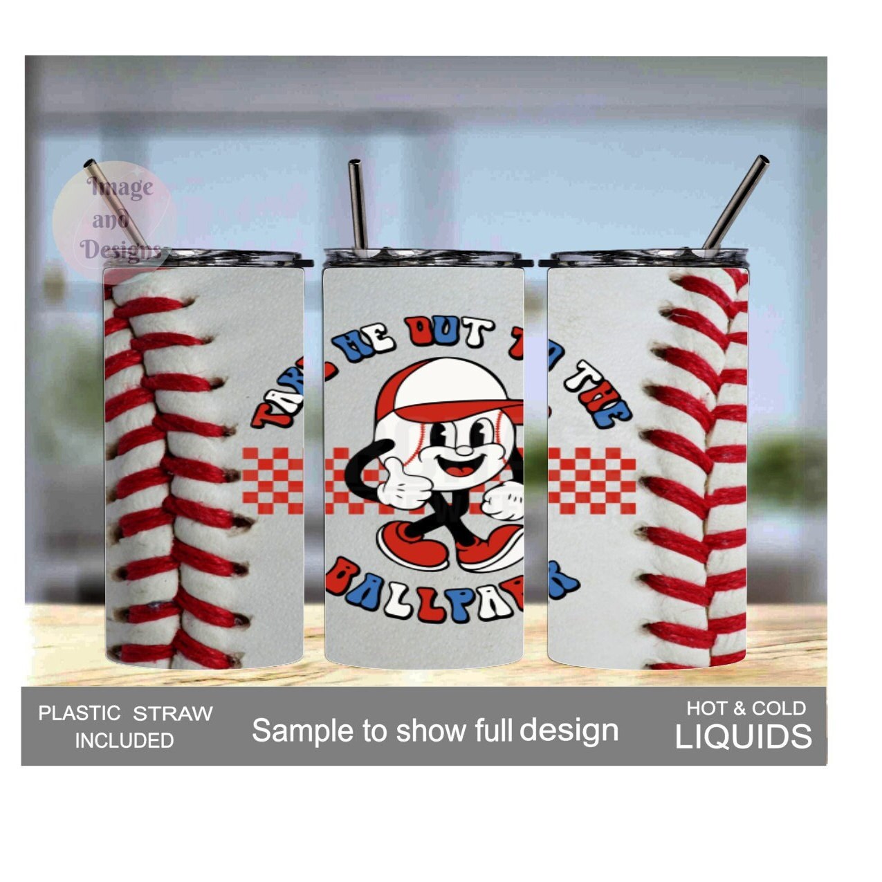 Kids Baseball Tumbler Take Me Out to the Ballpark 15oz With Reusable Straw, Can Be Personalized