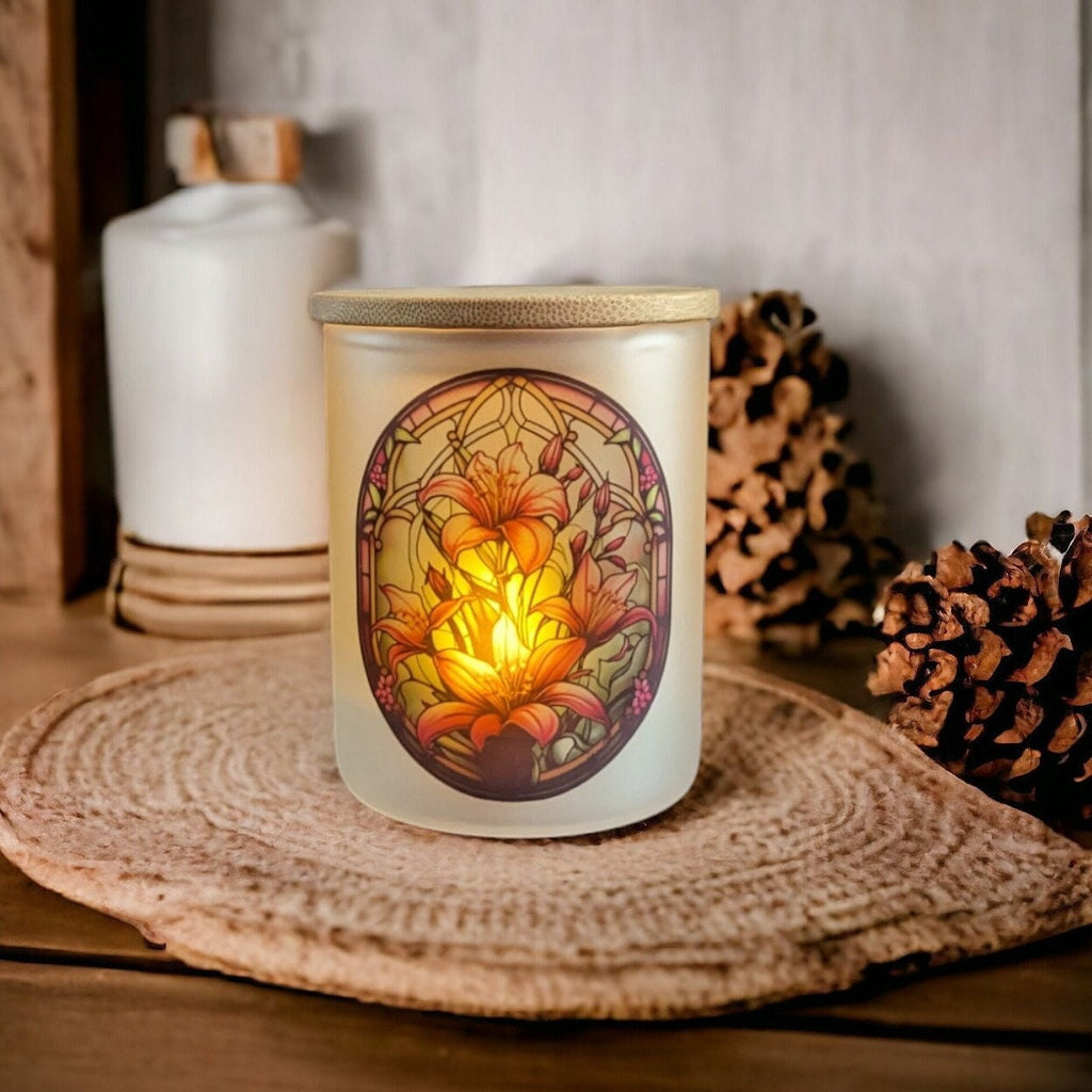 Stained Glass Design Pink Lily Flowers Candle Holder With A Battery Operated Flickering Tea Light