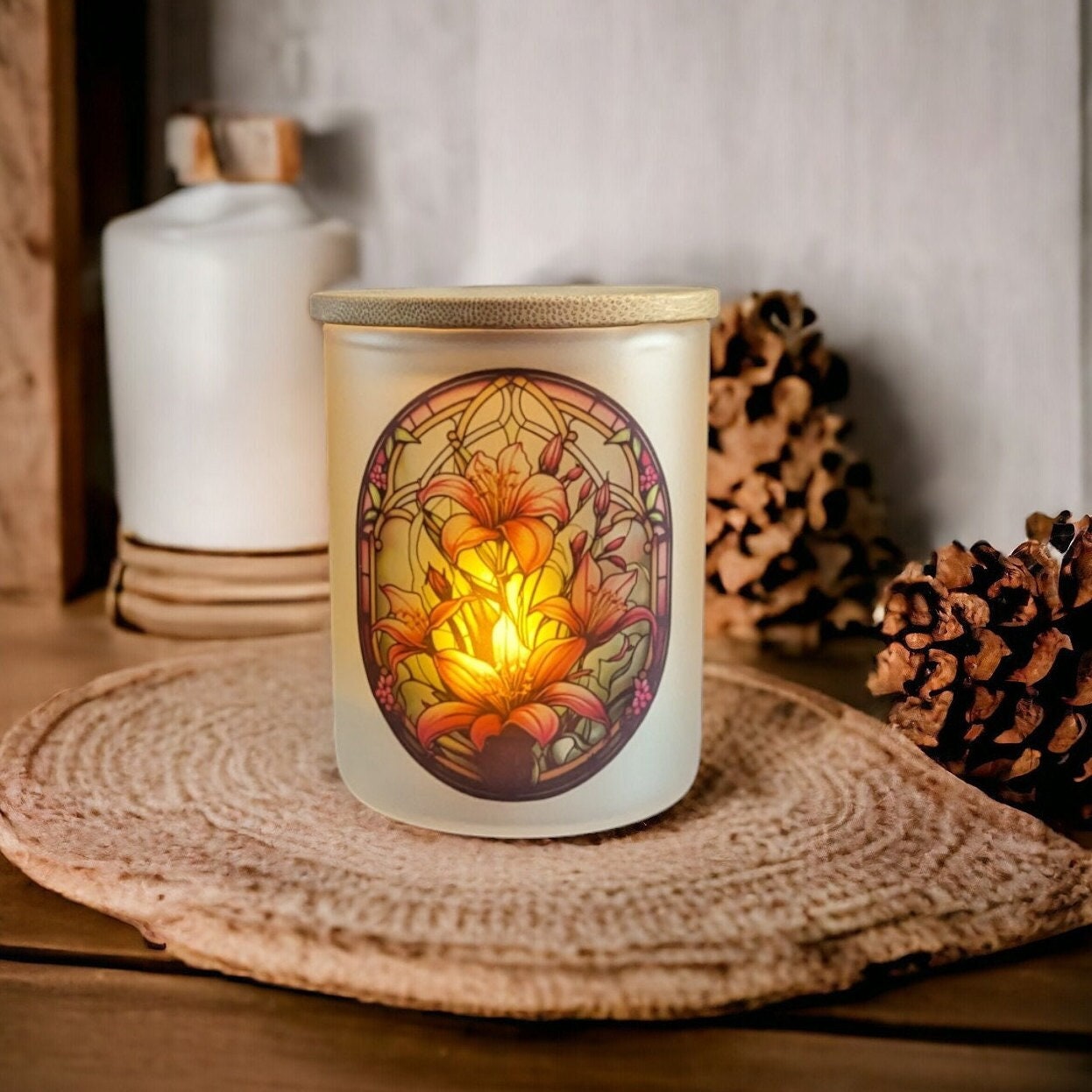 Stained Glass Design Pink Lily Flowers Candle Holder With A Battery Operated Flickering Tea Light