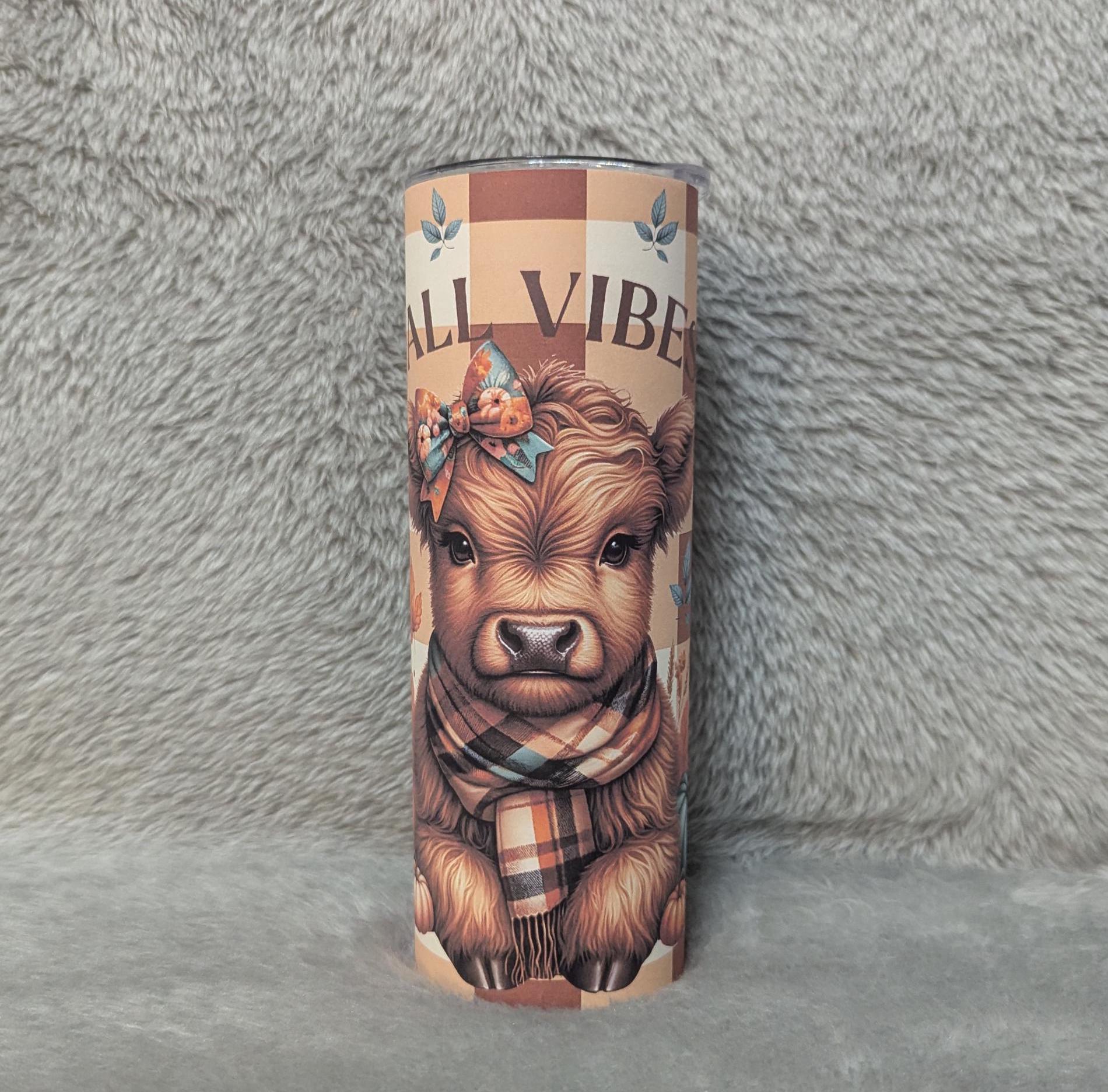 Fall Vibes Highland Cow Tumbler 20oz With Reusable Straw, Can Be Personalized