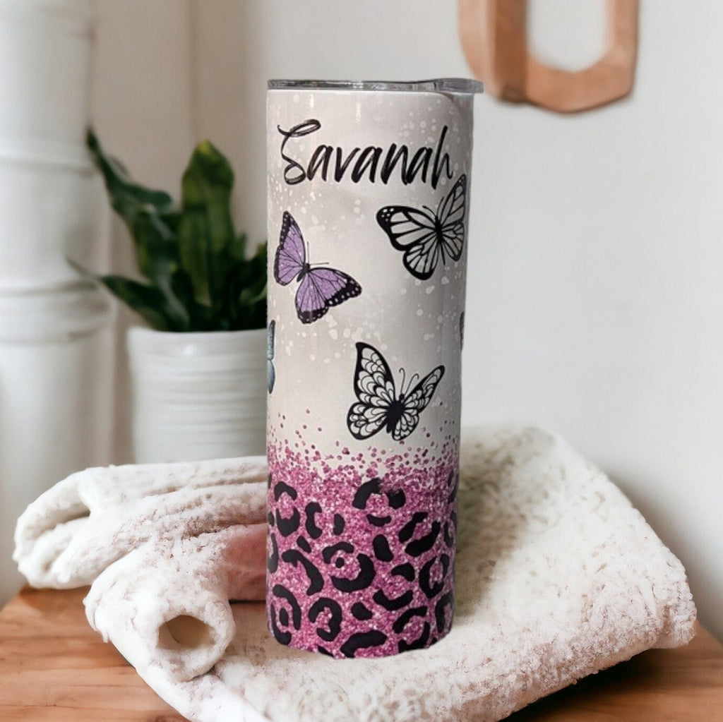 Butterfly Tumbler With A Glitter Design 20oz With Reusable Straw, Can Be Personalized