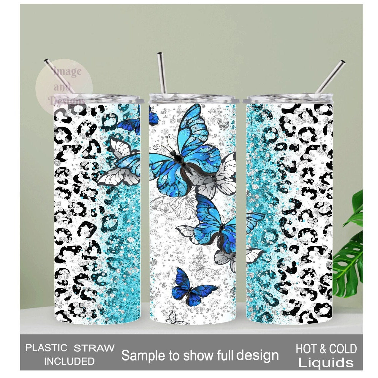 Blue Butterfly Tumbler With Leopard Print and Glitter Desig 20oz With Reusable Straw, Can Be Personalized