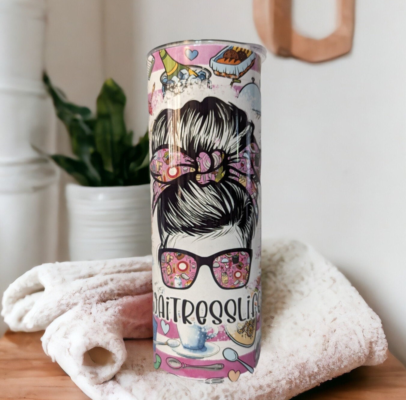 Waitress Life Tumbler 20oz With Reusable Straw, Can Be Personalized