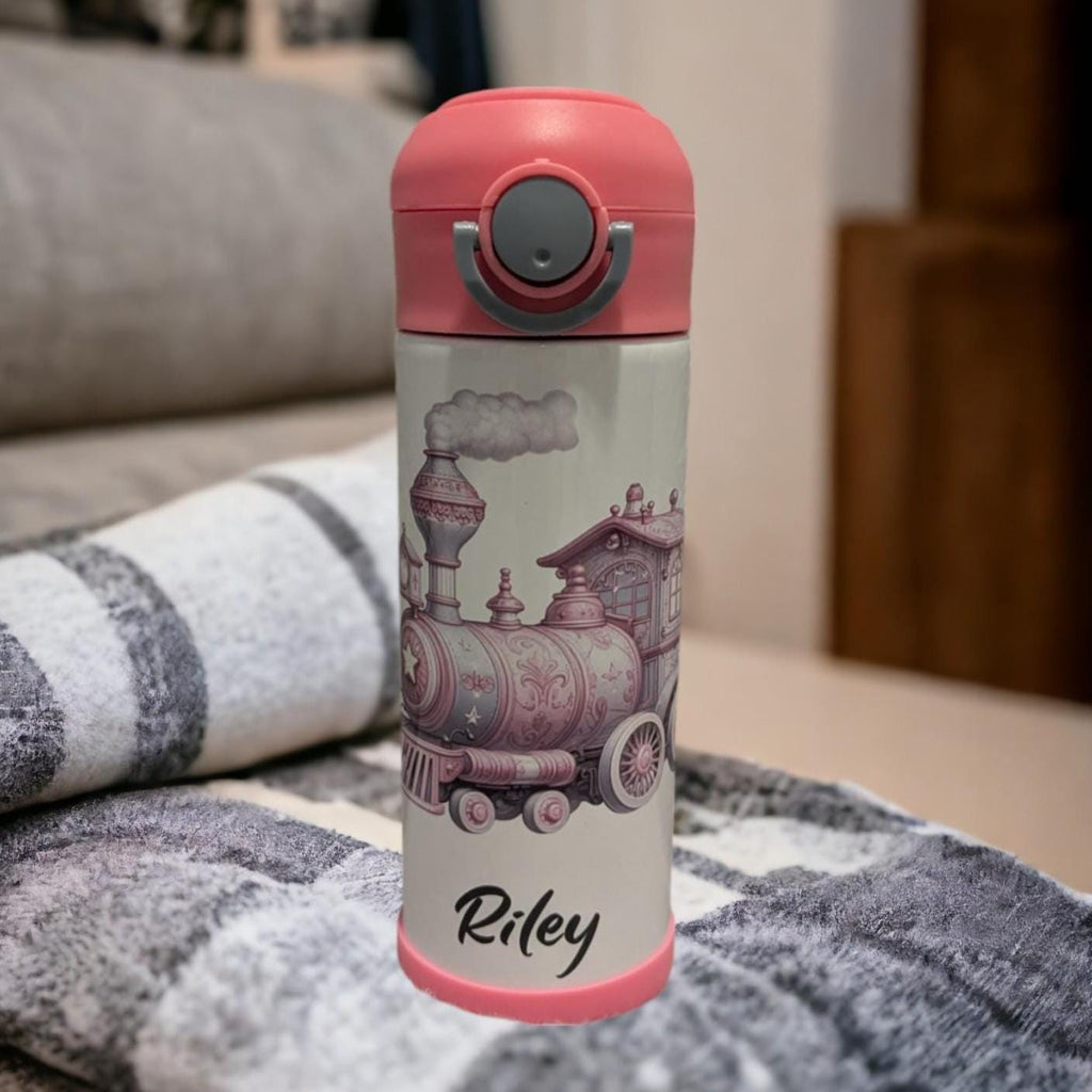 Kids Pink Train Water Bottle 12oz With Reusable Straw Can Be Personalized