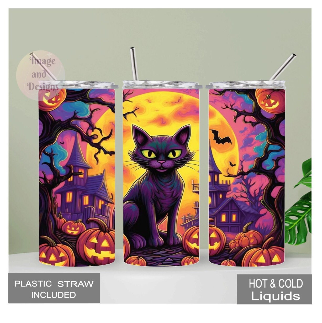 Black Cat Halloween Tumbler 20oz With Reusable Straw, Can Be Personalized