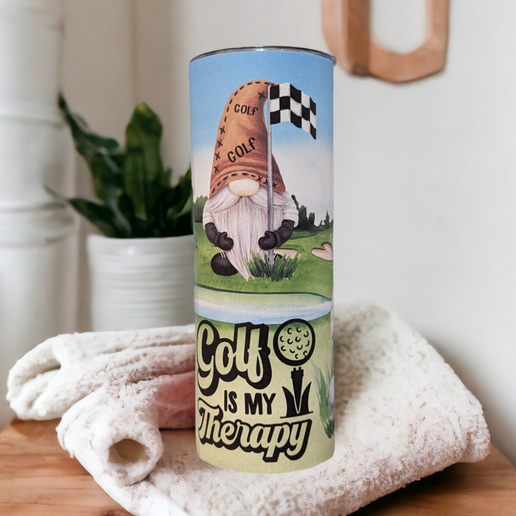 Golf Is My Therapy Gnome Tumbler 20oz With Reusable Straw