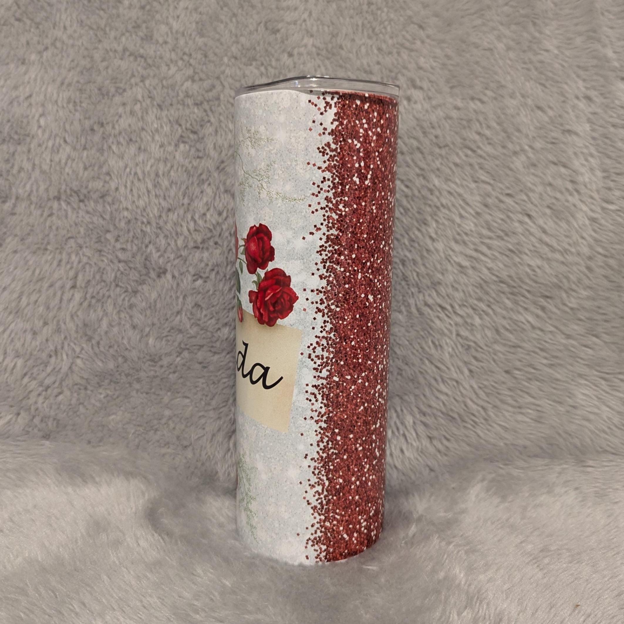 Red Rose Tumbler 20oz With Reusable Straw, Can Be Personalized