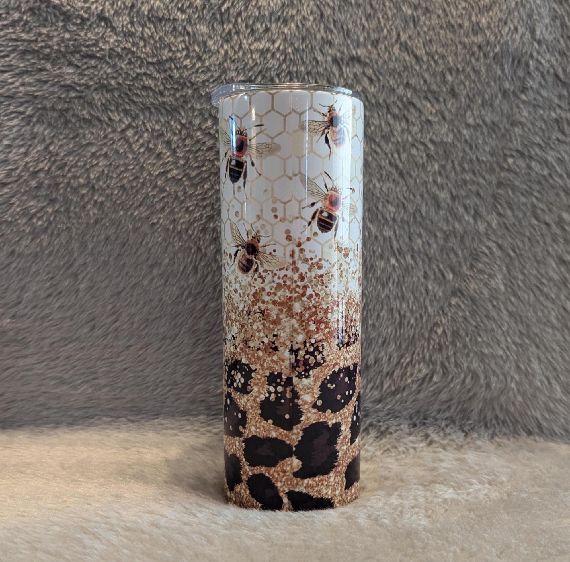 Bee Tumbler With A Glitter and Leopard Print Design 20oz Tumber With Reusable Straw, Can Be Personalized