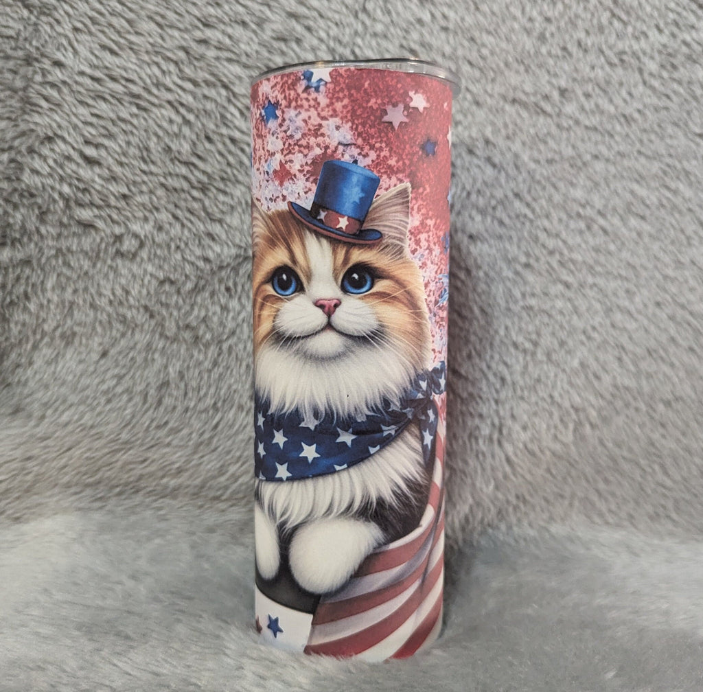 Patriotic Cat Tumbler 20oz With Reusable Straw, Can Be Personalized