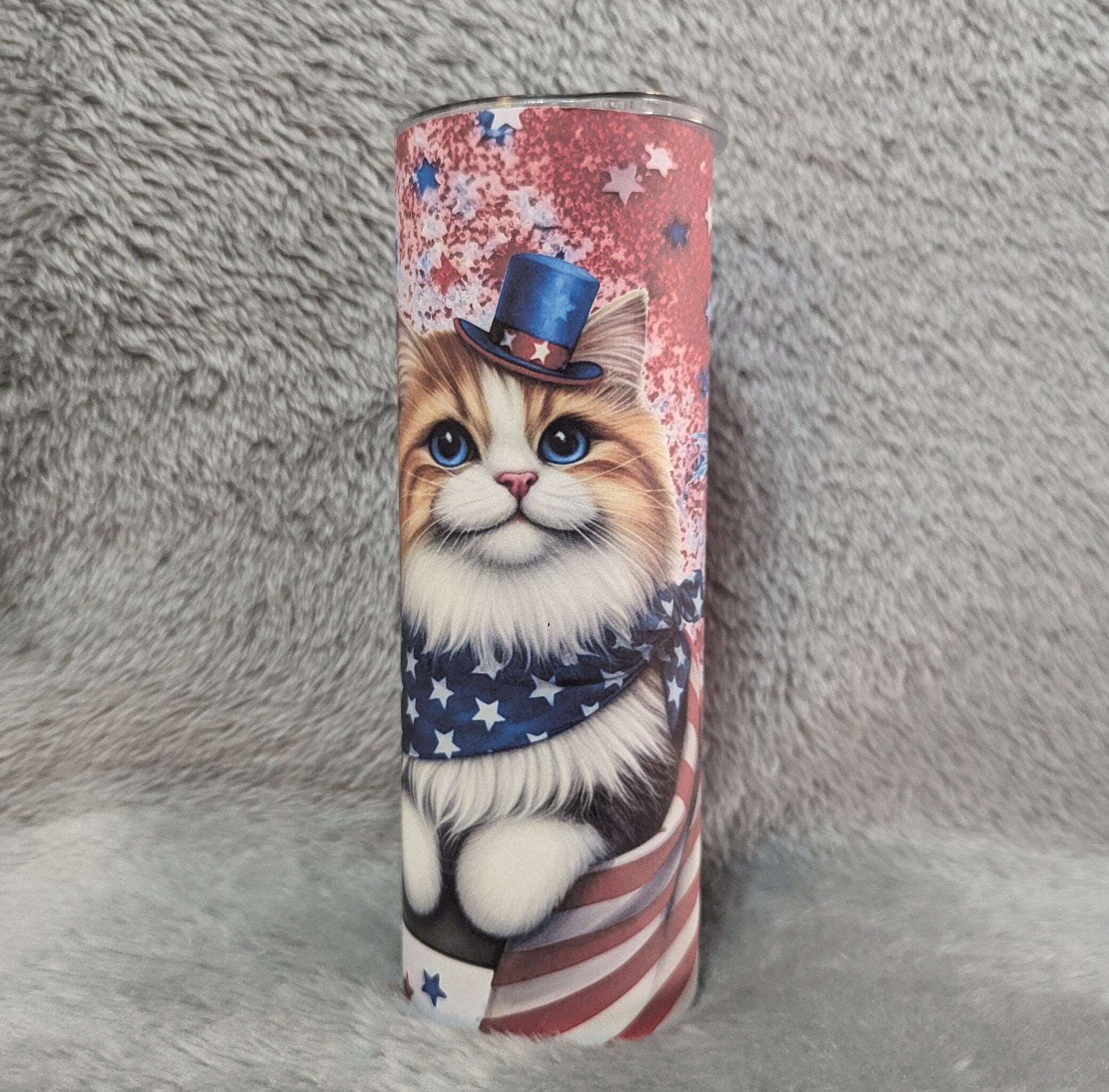 Patriotic Cat Tumbler 20oz With Reusable Straw, Can Be Personalized