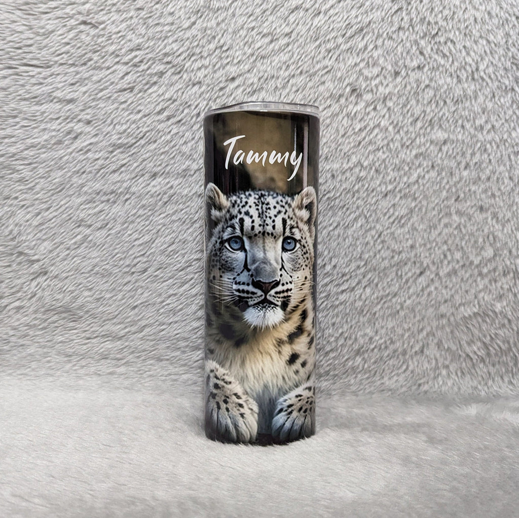 Snow Leopard Tumbler 20oz With Reusable Straw, Can Be Personalized