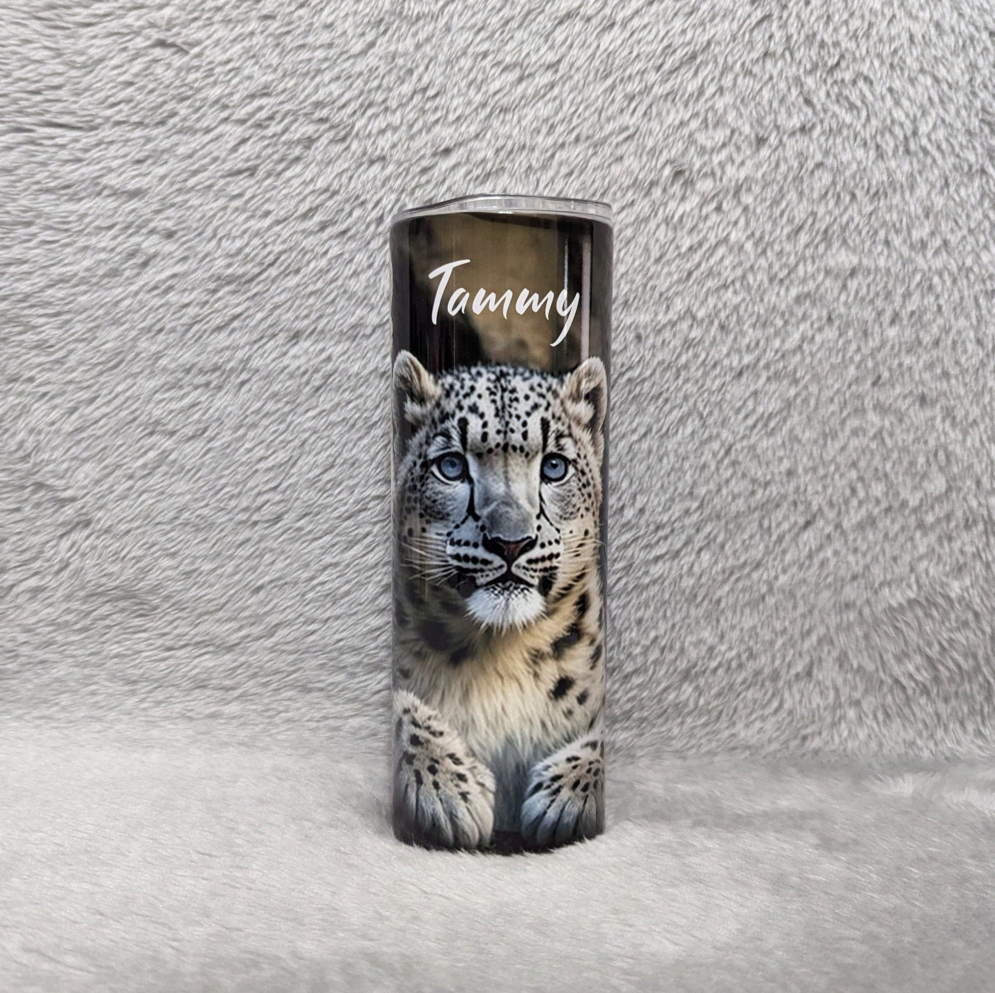 Snow Leopard Tumbler 20oz With Reusable Straw, Can Be Personalized