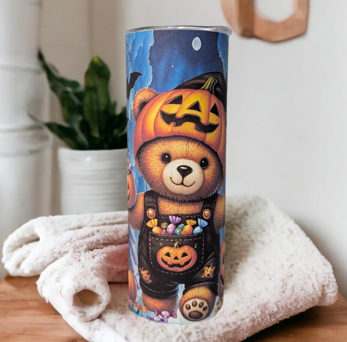 Halloween Bear Tumbler 20oz With Reusable Straw, Can Be Personalized