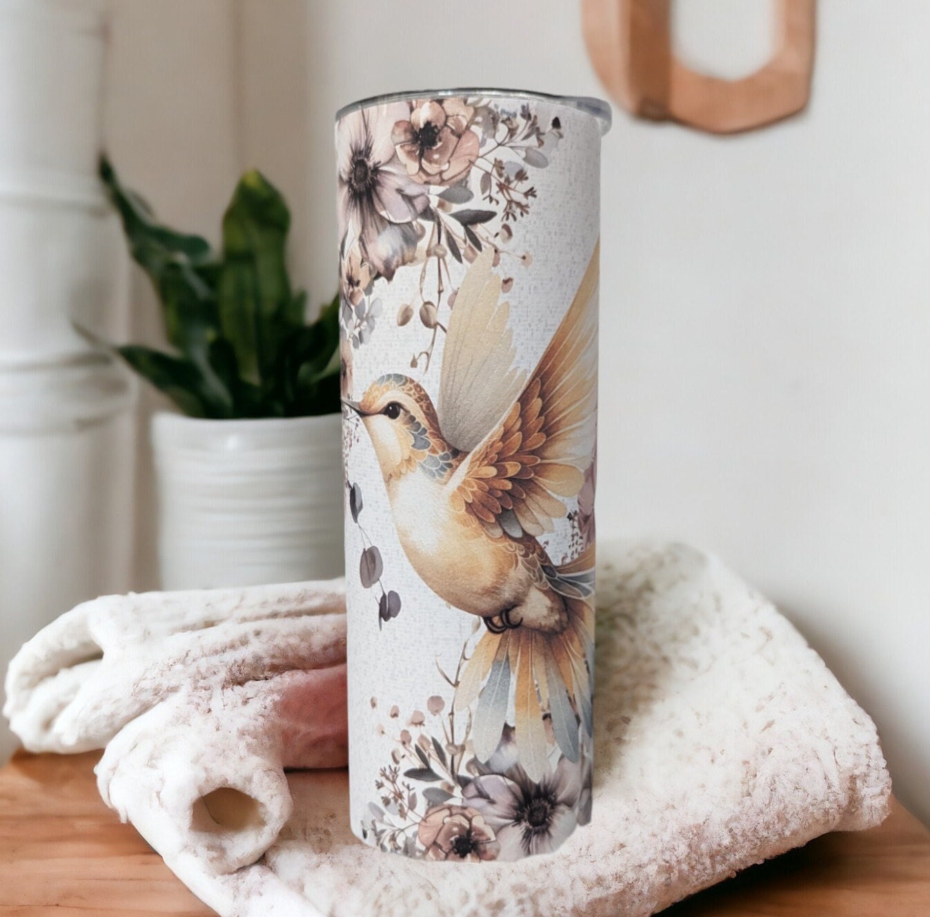 Hummingbird Tumbler with Boho Flowers 20oz With Reusable Straw, Can Be Personalized