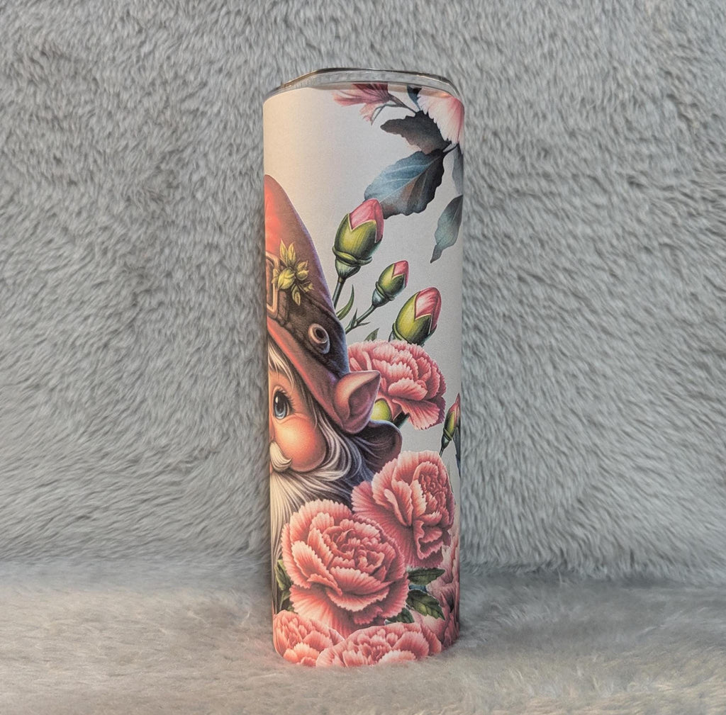 Gnome Tumbler With Pink Flowers 20oz With Reusable Straw, Can Be Personalized
