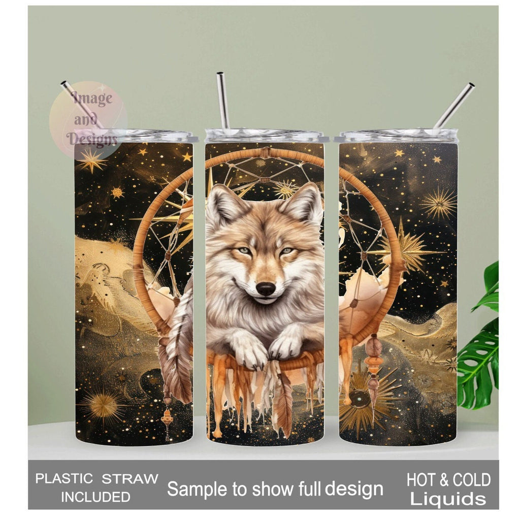 Wolf Dreamcatcher Tumbler 20oz With Reusable Straw, Can Be Personalized