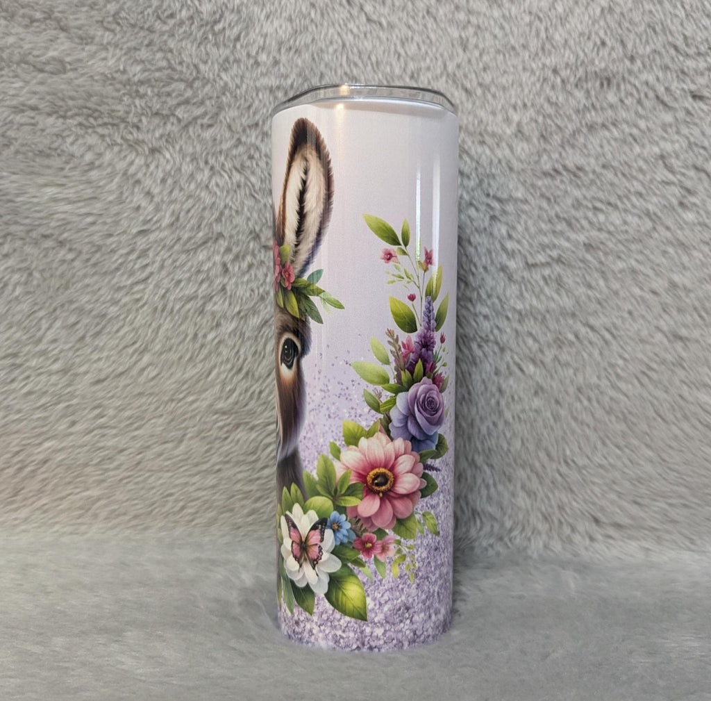 Donkey Tumbler with Flowers and A Glitter Design 20oz Tumber With Reusable Straw, Can Be Personalized