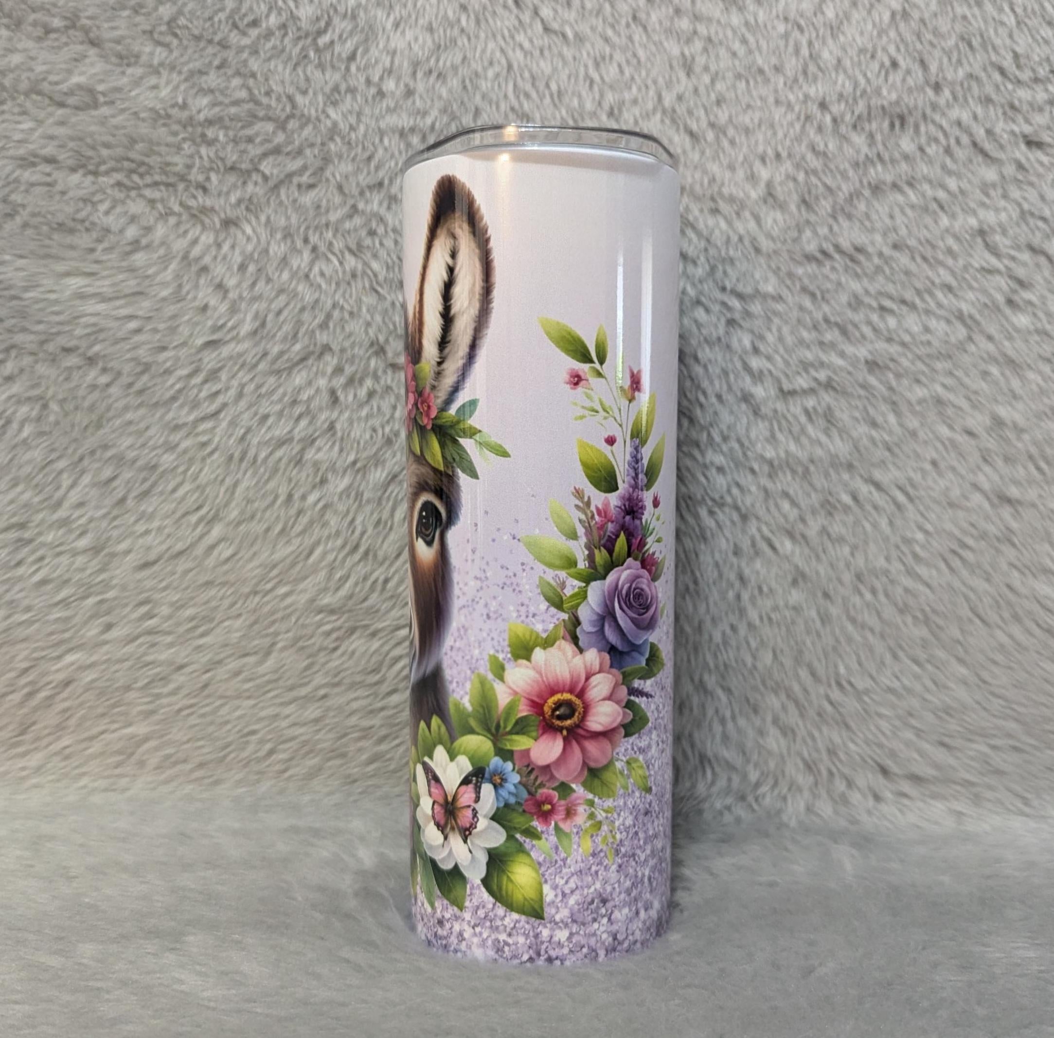 Donkey Tumbler with Flowers and A Glitter Design 20oz Tumber With Reusable Straw, Can Be Personalized