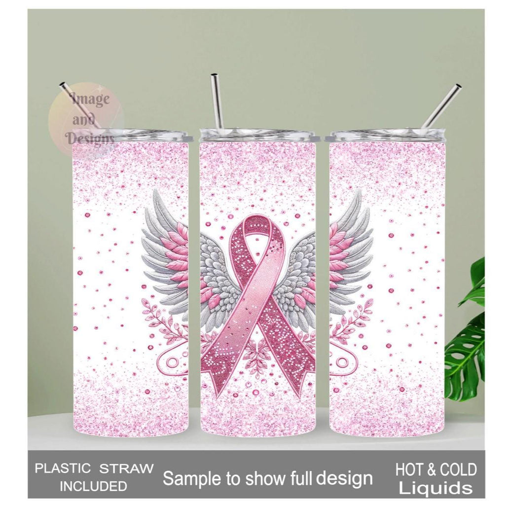 Pink Ribbon Cancer Awareness Tumbler 20oz With Reusable Straw, Can Be Personalized