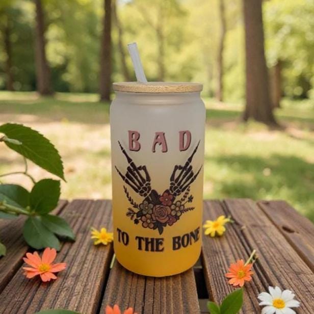 Bad To The Bone 16oz Orange Frosted Glass with Bamboo Lid & Reusable Straw