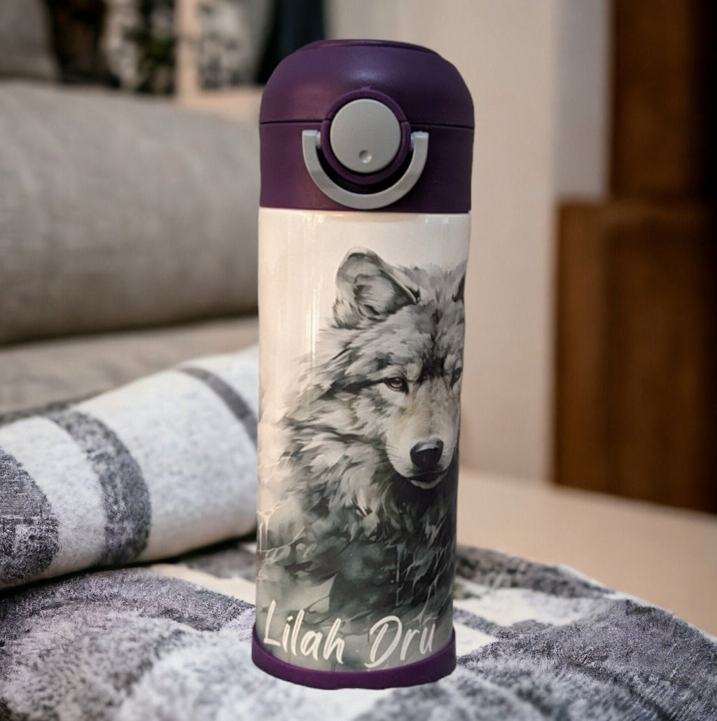Kids Wolf Water Bottle 12oz With Reusable Straw Can Be Personalized